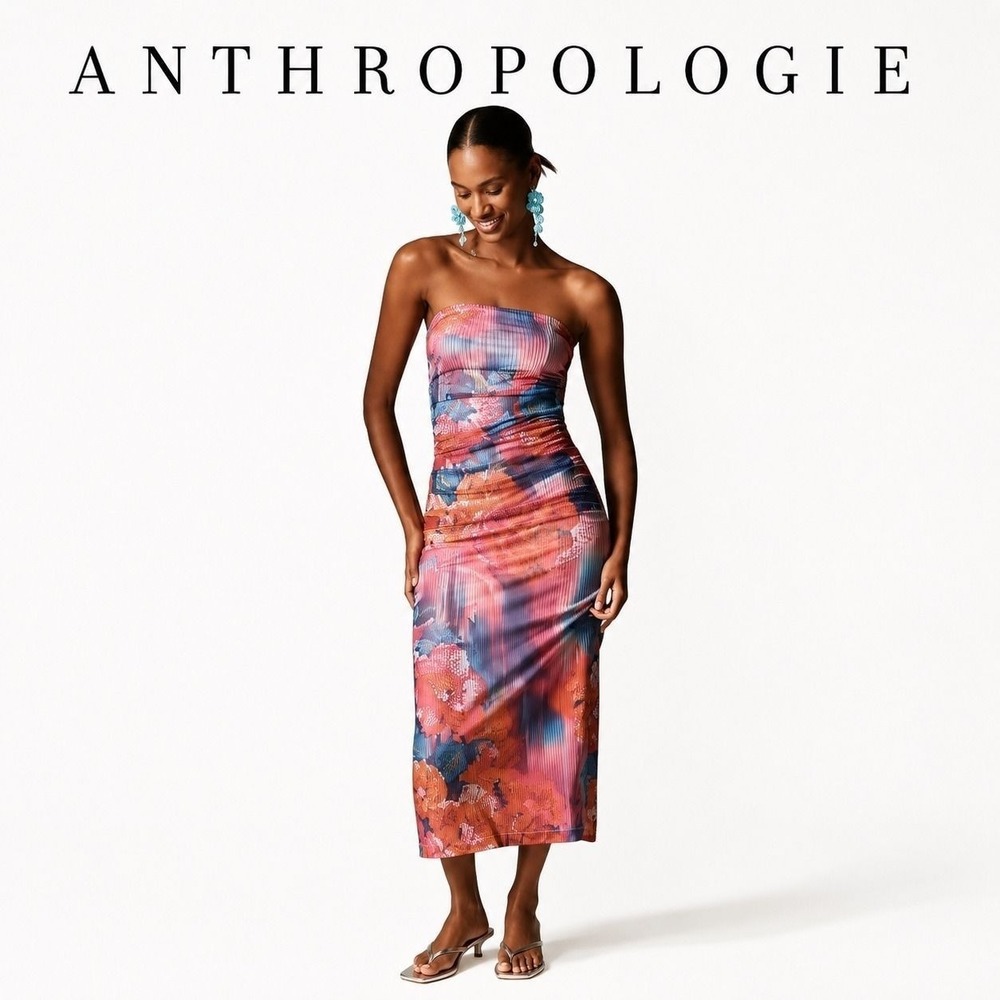 Anthropologie Pink Floral Ruched Mesh Strapless Midi Dress - Picture 1 of 7